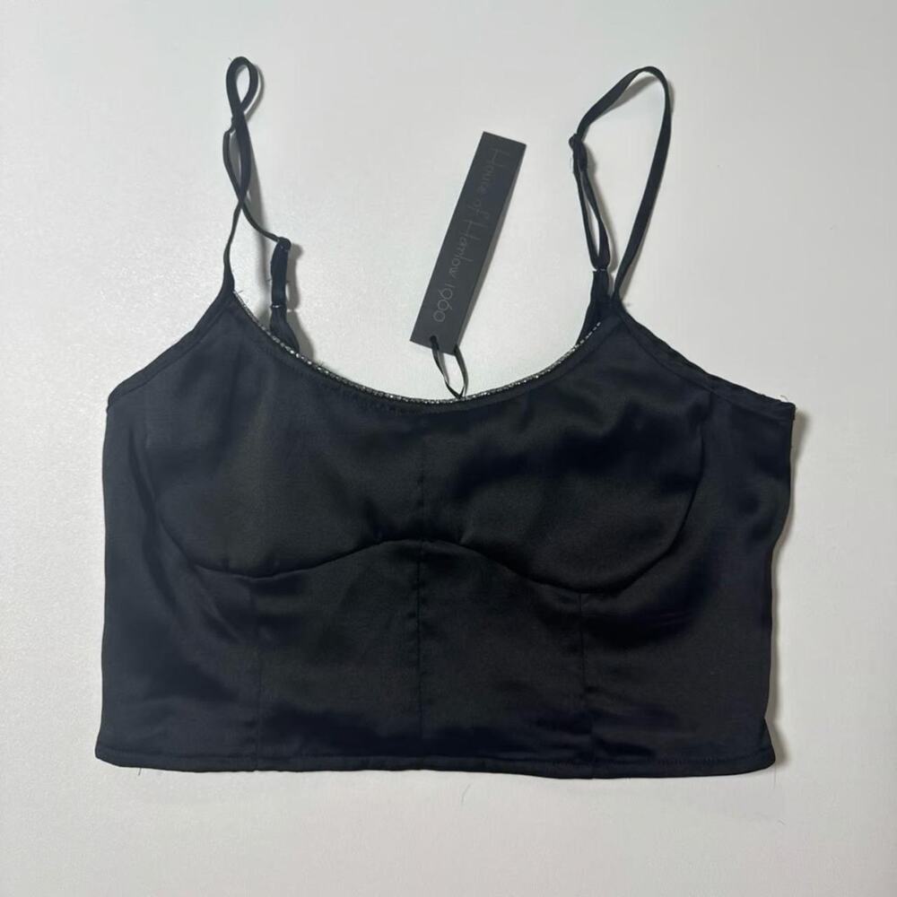 NWT House of Harlow 1960 Black Satin Rhinestone Corset Crop Tank Top Size Medium